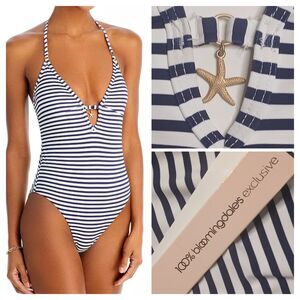 AQUA Swimsuit Sz XL One Piece Striped Halter Starfish Charm Navy White